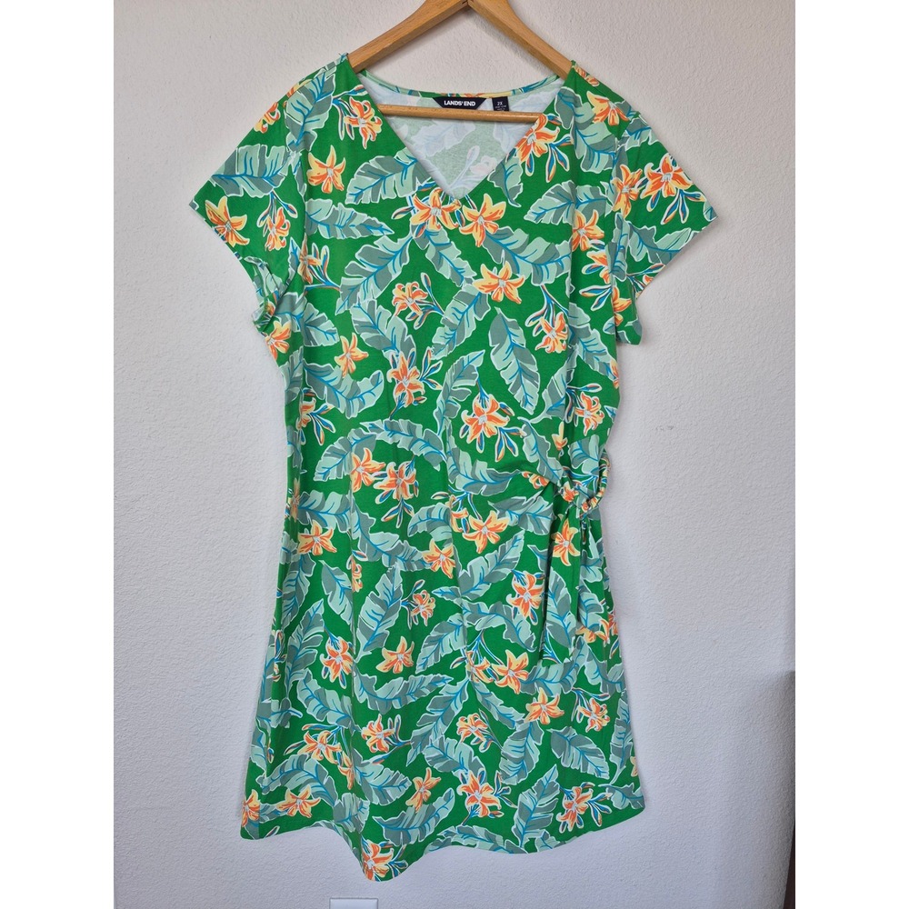 Lands End Tropical Floral V-Neck Side Tie Short Sleeve Dress Size 2X